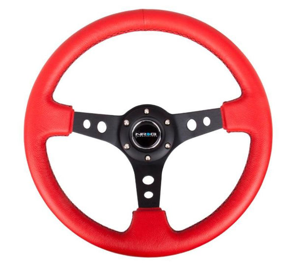 NRG Reinforced Steering Wheel (350mm / 3in. Deep) Red Leather/Blk Stitch w/Blk Spokes (Hole Cutouts) - Bull Strap