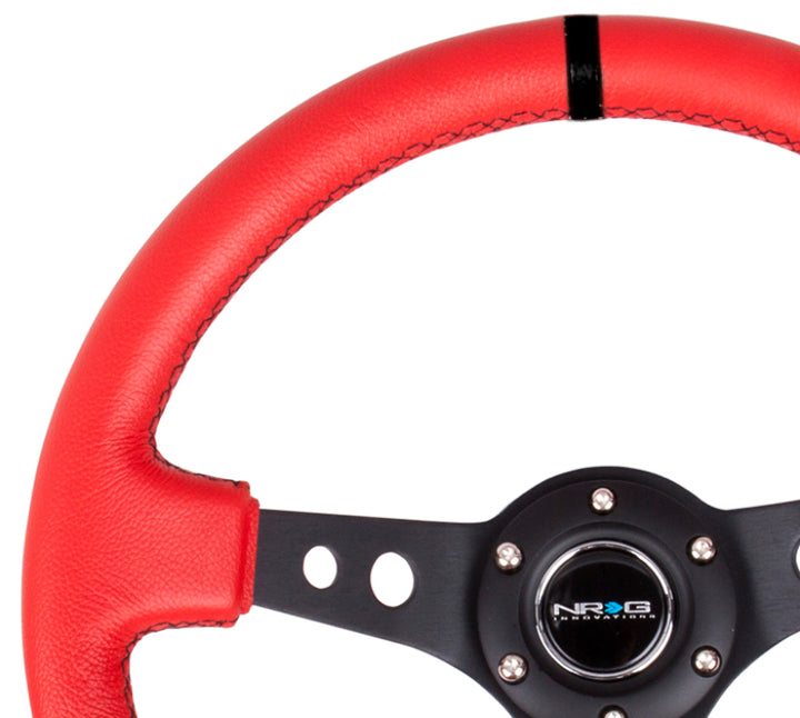 NRG Reinforced Steering Wheel (350mm / 3in. Deep) Red Suede w/Blk Circle Cutout Spokes - Bull Strap