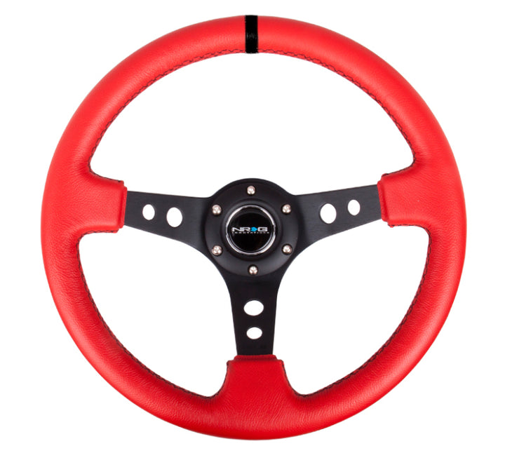 NRG Reinforced Steering Wheel (350mm / 3in. Deep) Red Suede w/Blk Circle Cutout Spokes - Bull Strap