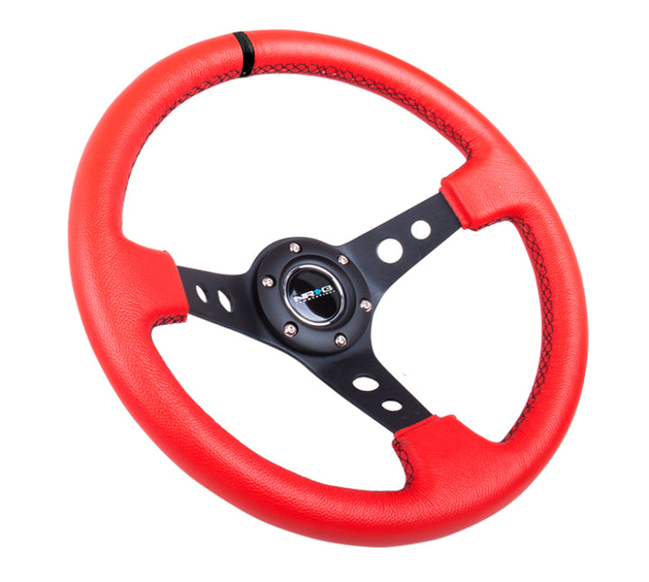 NRG Reinforced Steering Wheel (350mm / 3in. Deep) Red Suede w/Blk Circle Cutout Spokes - Bull Strap