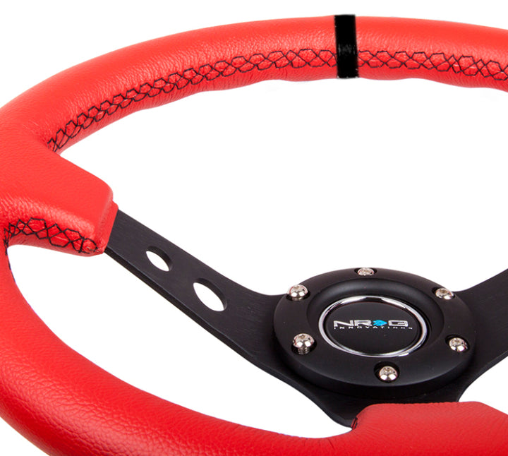 NRG Reinforced Steering Wheel (350mm / 3in. Deep) Red Suede w/Blk Circle Cutout Spokes - Bull Strap