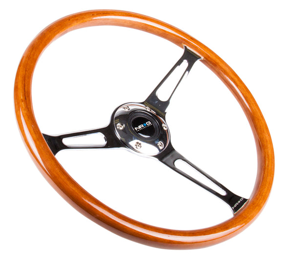 NRG Reinforced Steering Wheel (360mm) Classic Wood Grain w/Chrome Cutout 3-Spoke Center - Bull Strap