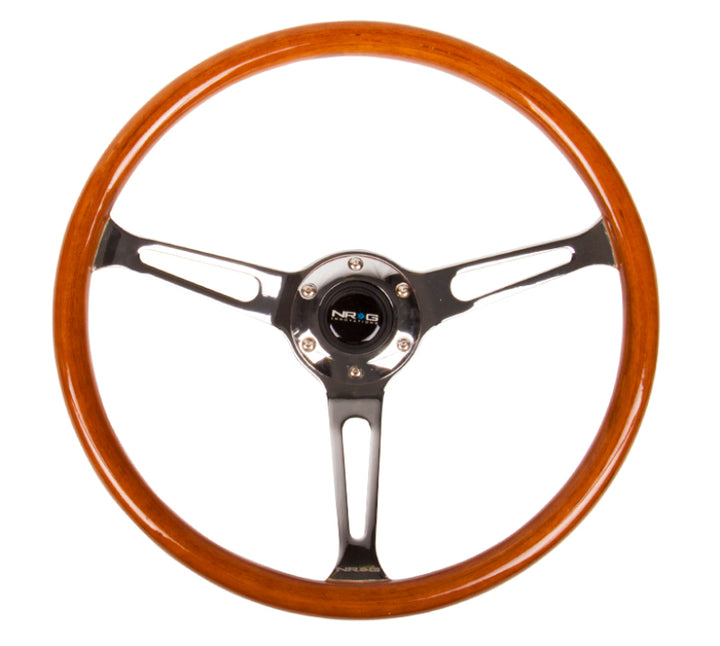 NRG Reinforced Steering Wheel (360mm) Classic Wood Grain w/Chrome Cutout 3-Spoke Center - Bull Strap