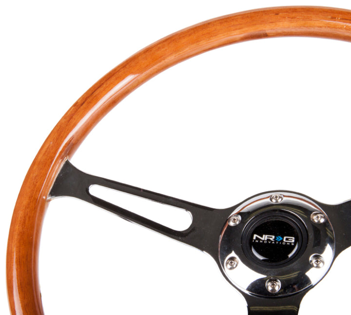 NRG Reinforced Steering Wheel (360mm) Classic Wood Grain w/Chrome Cutout 3-Spoke Center - Bull Strap