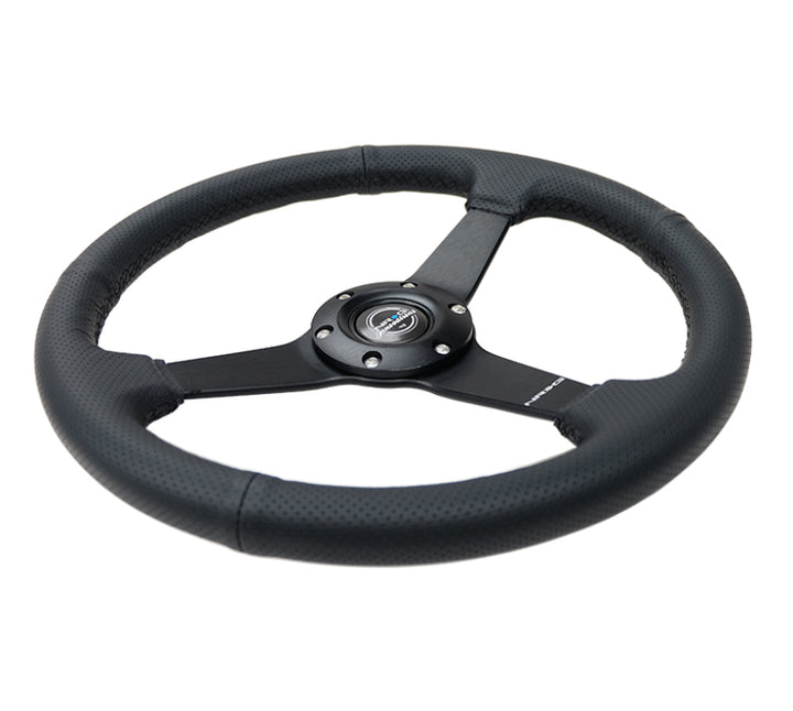 NRG Sport Steering Wheel (350mm / 1.5in Deep) Black Leather Black Stitch w/Matte Black Solid Spokes - Bull Strap