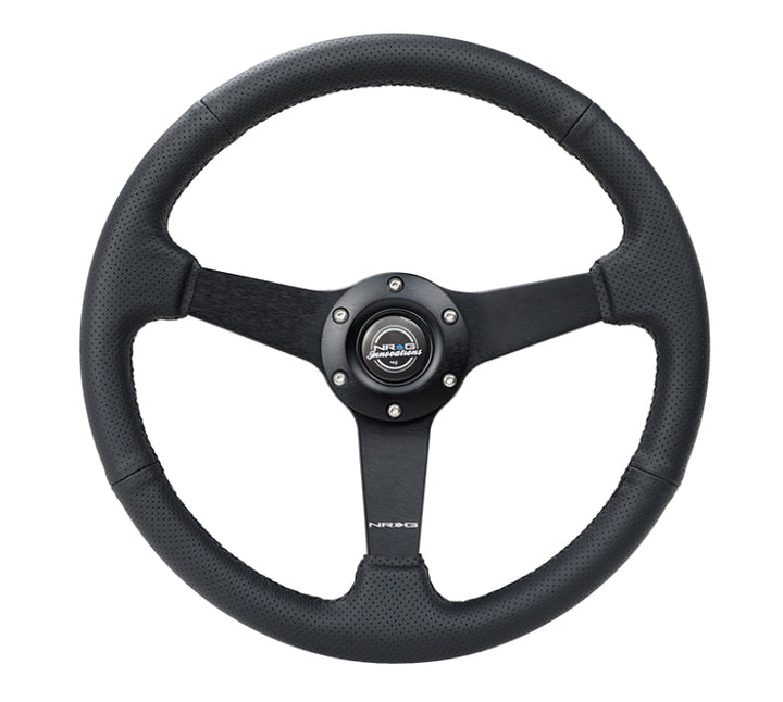NRG Sport Steering Wheel (350mm / 1.5in Deep) Black Leather Black Stitch w/Matte Black Solid Spokes - Bull Strap