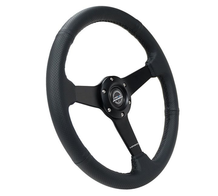 NRG Sport Steering Wheel (350mm / 1.5in Deep) Black Leather Black Stitch w/Matte Black Solid Spokes - Bull Strap