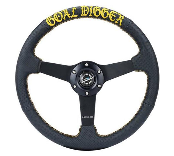 NRG Sport Steering Wheel (350mm / 1.5in Deep) Black Leather/Gold Stitch w/Matte Black Solid Spokes - Bull Strap