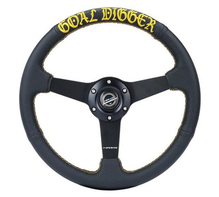 NRG Sport Steering Wheel (350mm / 1.5in Deep) Black Leather/Gold Stitch w/Matte Black Solid Spokes - Bull Strap