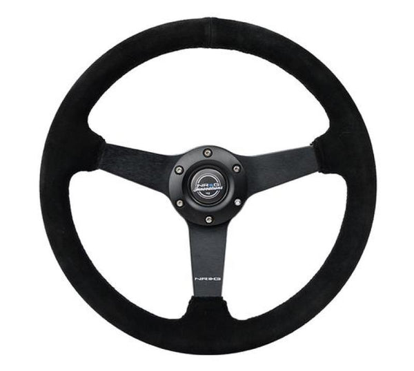 NRG Sport Steering Wheel (350mm / 1.5in Deep) Black Suede/Black Stitch w/Matte Black Solid Spokes - Bull Strap