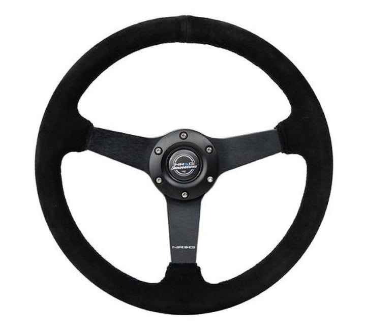 NRG Sport Steering Wheel (350mm / 1.5in Deep) Black Suede/Black Stitch w/Matte Black Solid Spokes - Bull Strap
