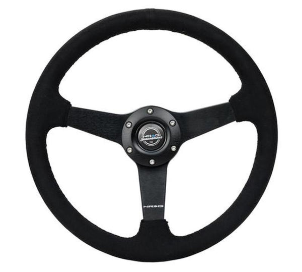 NRG Sport Steering Wheel (350mm/ 1.5in. Deep) Matte Black Spoke/ Black Alcantara w/ Black Stitching - Bull Strap