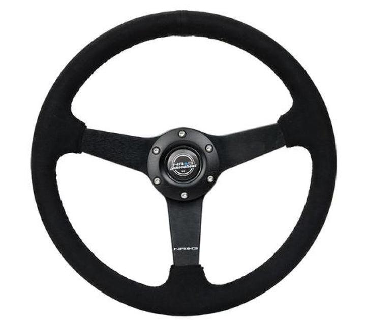 NRG Sport Steering Wheel (350mm/ 1.5in. Deep) Matte Black Spoke/ Black Alcantara w/ Black Stitching - Bull Strap