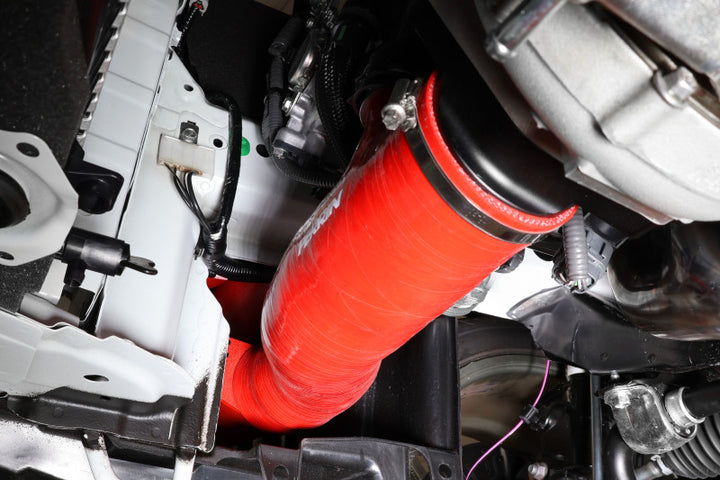 PERRIN 22-24 Subaru WRX / 20-25 LGT &amp; OBXT Turbo Inlet Hose w/Turbo Adapter Flange (Long) - Red - Bull Strap