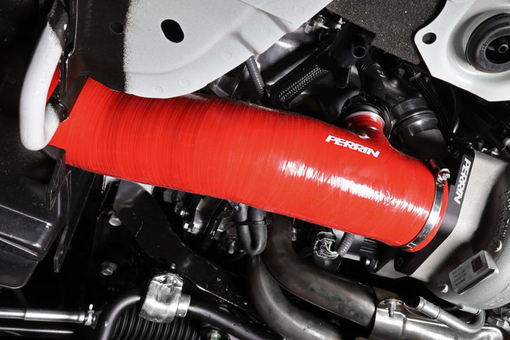 PERRIN 22-24 Subaru WRX / 20-25 LGT &amp; OBXT Turbo Inlet Hose w/Turbo Adapter Flange (Long) - Red - Bull Strap