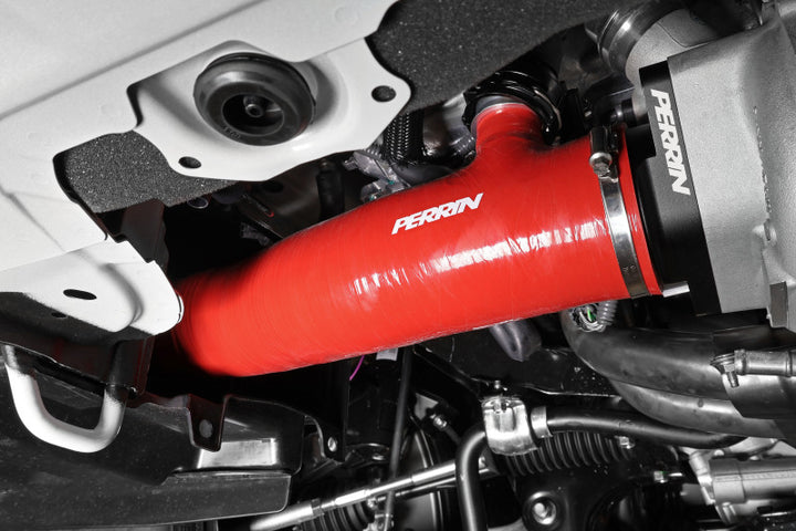 PERRIN 22-24 Subaru WRX / 20-25 LGT &amp; OBXT Turbo Inlet Hose w/Turbo Adapter Flange (Long) - Red - Bull Strap