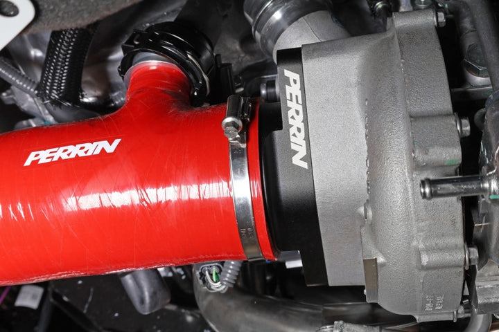 PERRIN 22-24 Subaru WRX / 20-25 LGT &amp; OBXT Turbo Inlet Hose w/Turbo Adapter Flange (Short) - Red - Bull Strap