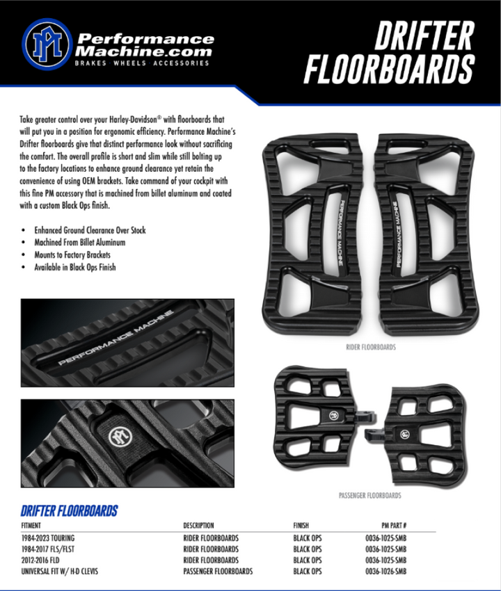 Performance Machine Floorboard Assembly Rider Drifter - Black Ops - Bull Strap