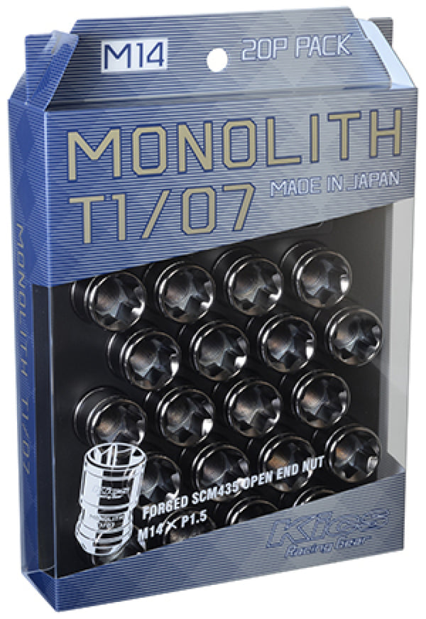 Project Kics 14 x 1.5 Glorious Black T1/07 Monolith Lug Nuts - 20 Pcs - Bull Strap