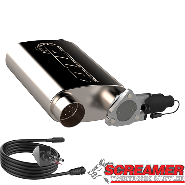 QTP 3in Weld-On 304SS Screamer Muffler w/Bolt-On QTEC Electric Cutout - Bull Strap