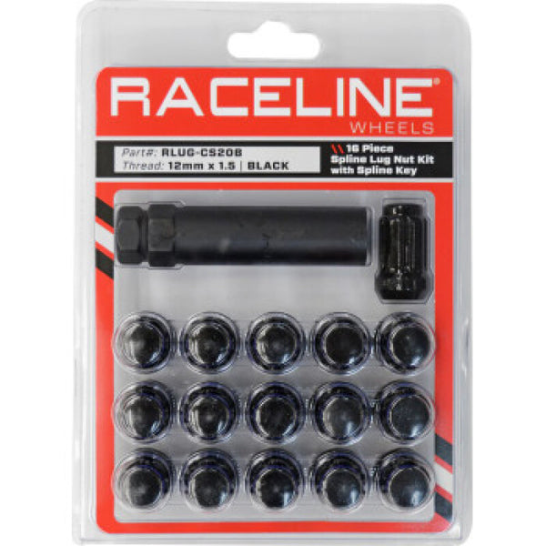 Raceline Spline Lug Nut Kit with Spline Key 12 x 1.5 - 16 Pack - Black - Bull Strap