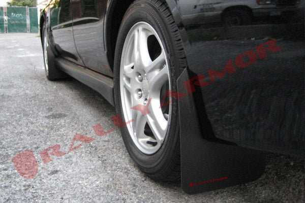 Rally Armor 02-07 Subaru WRX/STI/RS/2.5i (Wagons Req. Mod.) Basic Black Mud Flap w/Red Logo - Bull Strap