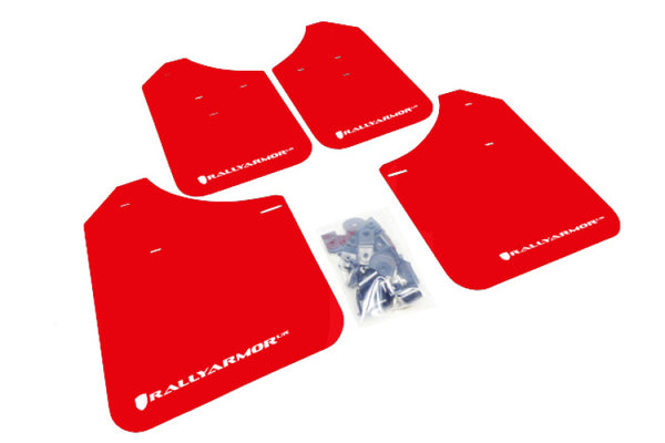Rally Armor 02-07 Subaru WRX/STI/RS/2.5i (Wagons Req. Mod.) Red UR Mud Flap w/White Logo - Bull Strap