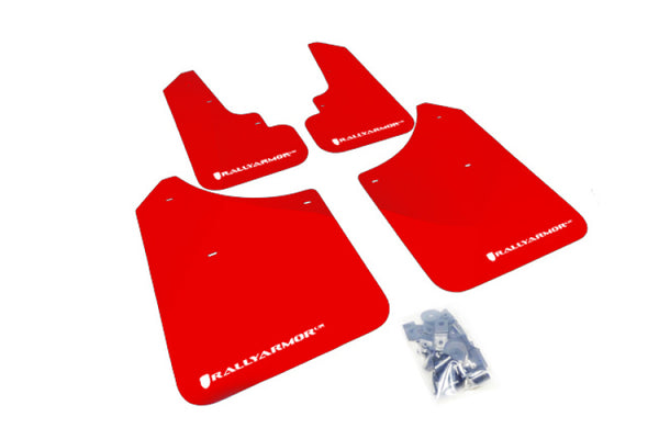 Rally Armor 03-08 Subaru Forester Red UR Mud Flap w/ White Logo - Bull Strap