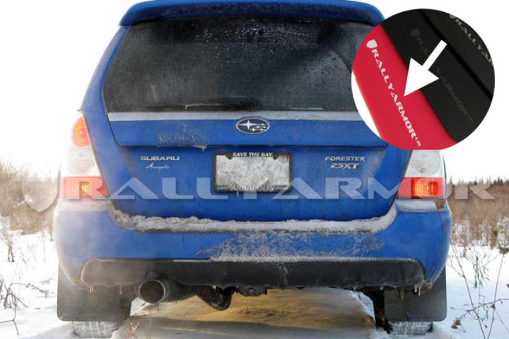 Rally Armor 03-08 Subaru Forester Red UR Mud Flap w/ White Logo - Bull Strap