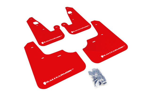 Rally Armor 07-17 Mitsubishi Lancer Red UR Mud Flap w/ White Logo - Bull Strap