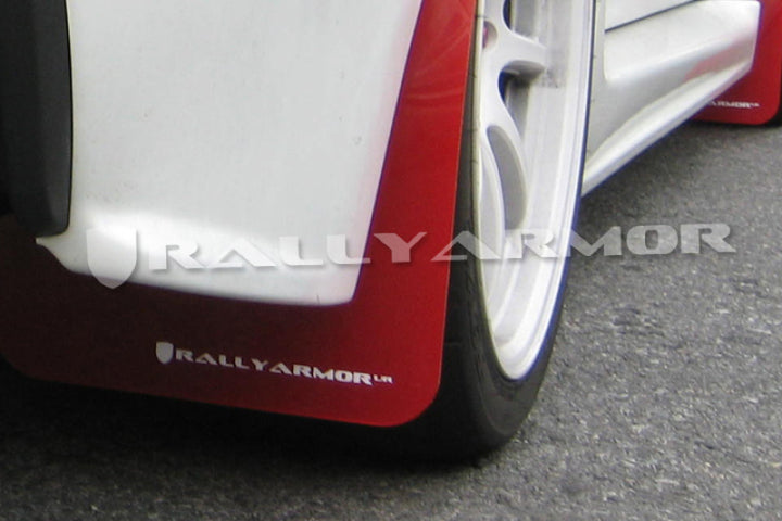 Rally Armor 07-17 Mitsubishi Lancer Red UR Mud Flap w/ White Logo - Bull Strap