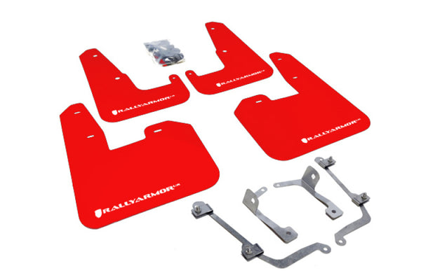 Rally Armor 08-11 Subaru STI (Hatch Only) / 11-14 WRX (Hatch Only) Red UR Mud Flap w/White Logo - Bull Strap
