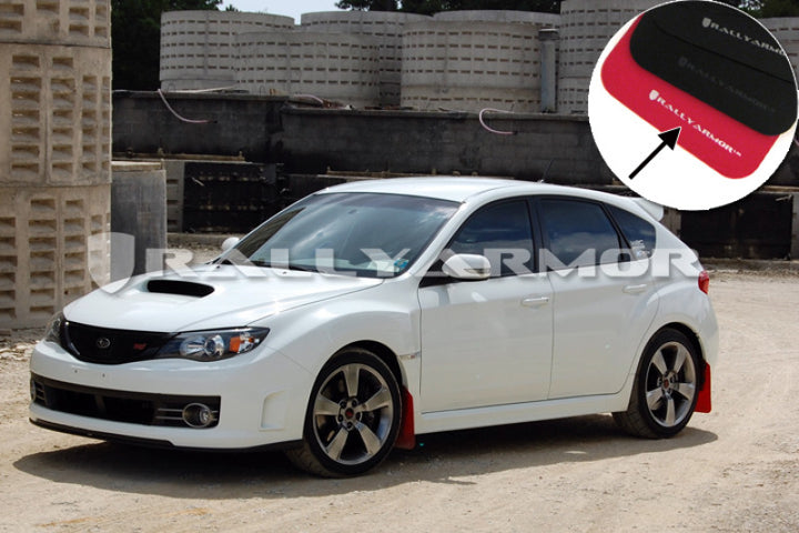 Rally Armor 08-11 Subaru STI (Hatch Only) / 11-14 WRX (Hatch Only) Red UR Mud Flap w/White Logo - Bull Strap