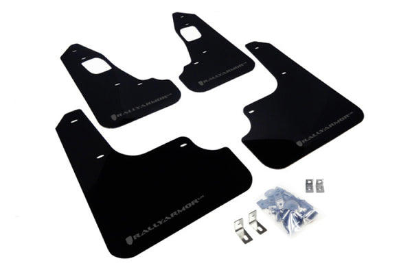 Rally Armor 08-17 Mitsubishi EVO X Black UR Mud Flap w/ Grey Logo - Bull Strap