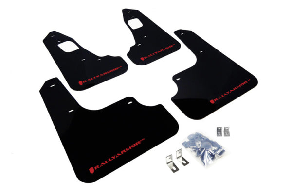 Rally Armor 08-17 Mitsubishi EVO X Black UR Mud Flap w/ Red Logo - Bull Strap