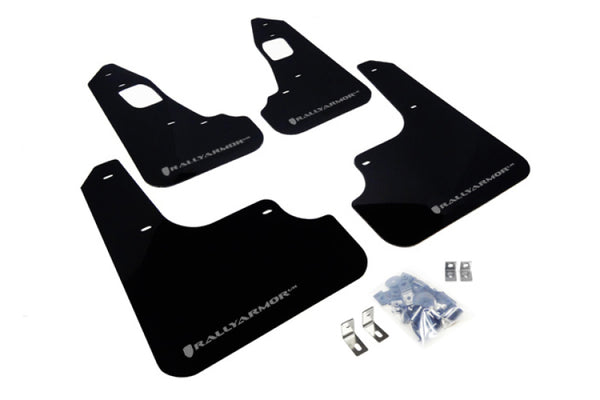 Rally Armor 08-17 Mitsubishi EVO X Black UR Mud Flap w/ Silver Logo - Bull Strap
