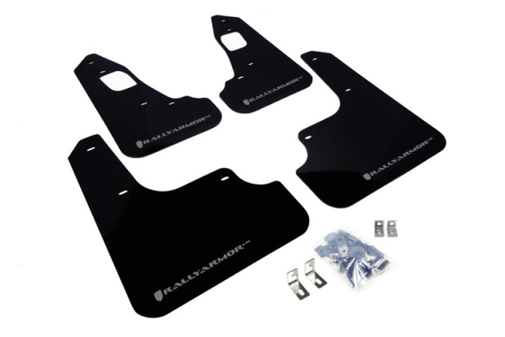 Rally Armor 08-17 Mitsubishi EVO X Black UR Mud Flap w/ Silver Logo - Bull Strap