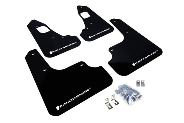 Rally Armor 08-17 Mitsubishi EVO X Black UR Mud Flap w/ White Logo - Bull Strap