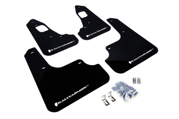 Rally Armor 08-17 Mitsubishi EVO X Black UR Mud Flap w/ White Logo - Bull Strap