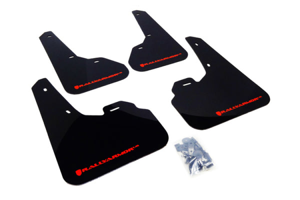 Rally Armor 10-13 Mazda3/Speed3 (Hatch/Sedan) Black UR Mud Flap w/Red Logo - Bull Strap