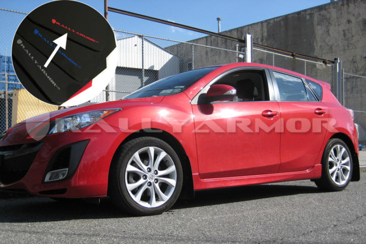 Rally Armor 10-13 Mazda3/Speed3 (Hatch/Sedan) Black UR Mud Flap w/Red Logo - Bull Strap