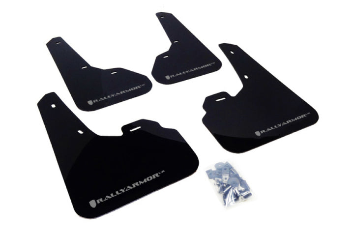 Rally Armor 10-13 Mazda3/Speed3 (Hatch/Sedan) Black UR Mud Flap w/Silver Logo - Bull Strap