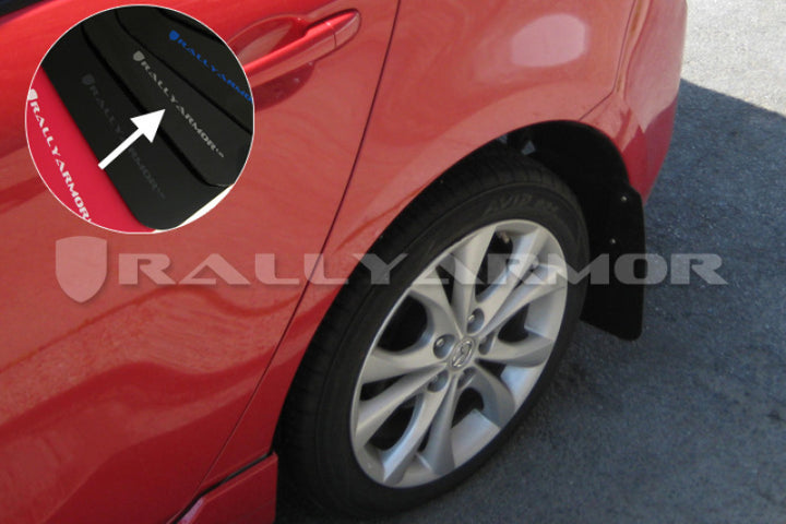 Rally Armor 10-13 Mazda3/Speed3 (Hatch/Sedan) Black UR Mud Flap w/Silver Logo - Bull Strap