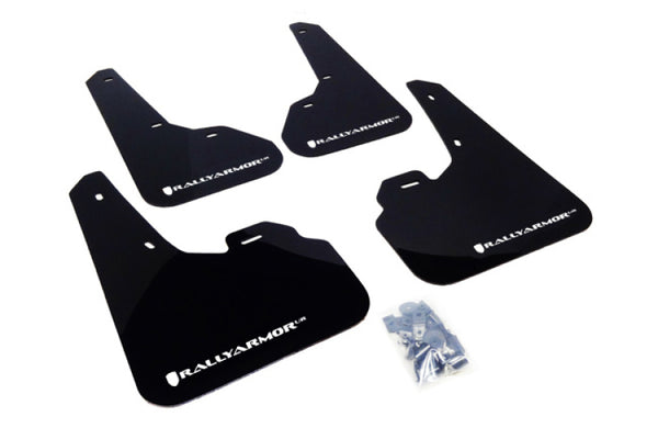 Rally Armor 10-13 Mazda3/Speed3 (Hatch/Sedan) Black UR Mud Flap w/White Logo - Bull Strap