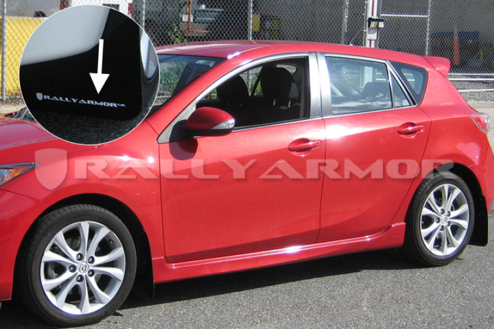 Rally Armor 10-13 Mazda3/Speed3 (Hatch/Sedan) Black UR Mud Flap w/White Logo - Bull Strap