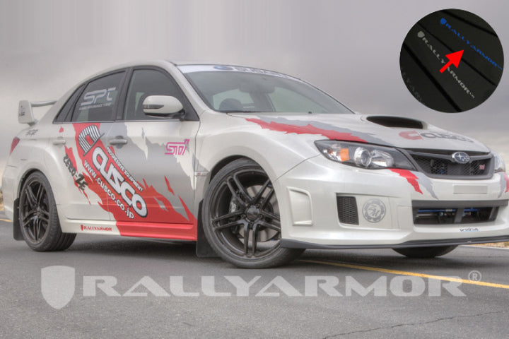 Rally Armor 11-14 Subaru WRX/STI (Sedan Only) Black UR Mud Flap w/Blue Logo - Bull Strap