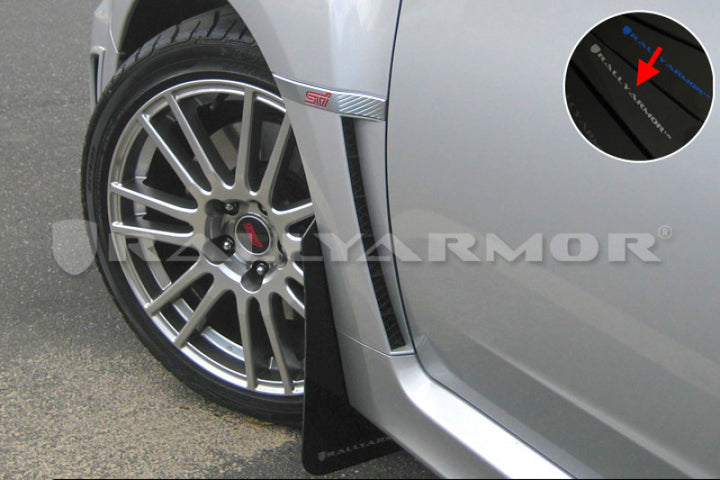 Rally Armor 11-14 Subaru WRX/STI (Sedan Only) Black UR Mud Flap w/Silver Logo - Bull Strap