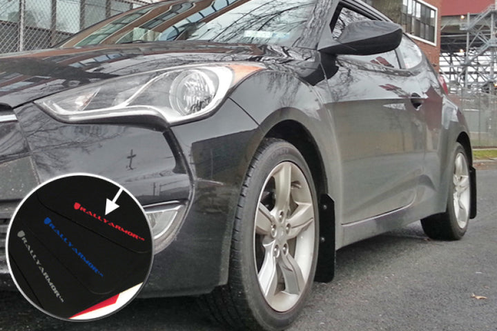 Rally Armor 12-18 Hyundai Veloster Black UR Mud Flap w/ Red Logo - Bull Strap