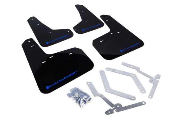 Rally Armor 12-19 Ford Focus ST / 16-19 RS Black Mud Flap w/Blue Logo - Bull Strap