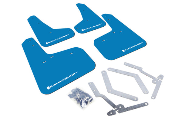 Rally Armor 12-19 Ford Focus ST / 16-19 RS Nitrous Blue UR Mud Flap w/White Logo - Bull Strap